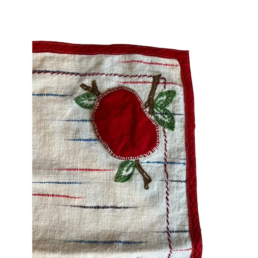 Vintage Hand Embroidered Apple Tea Towel Linen